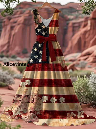 Vintage American Flag Floral Print V-Neck Sleeveless Cotton Maxi Dress A / S