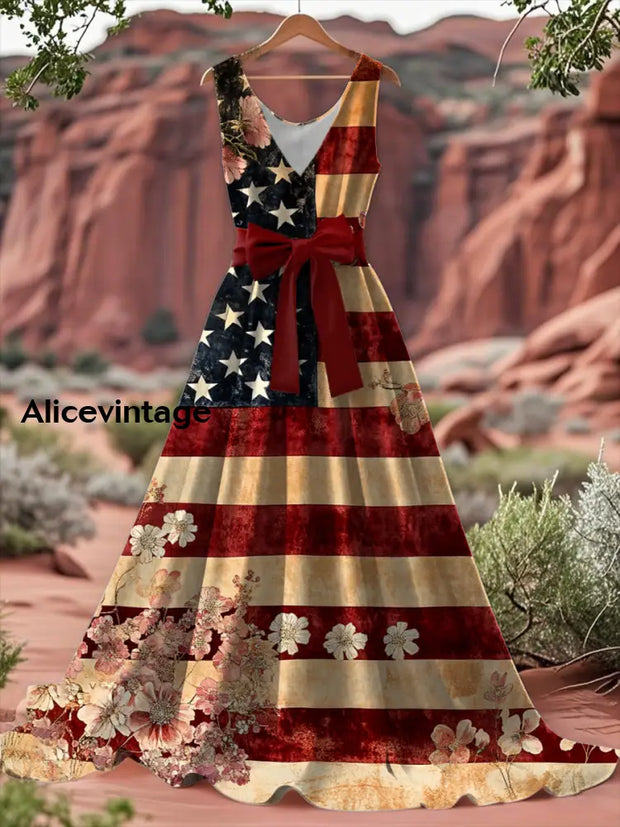 Vintage American Flag Floral Print V-Neck Sleeveless Cotton Maxi Dress A / S