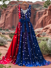 Vintage American Flag Floral Print V-Neck Sleeveless Cotton Maxi Dress A / S