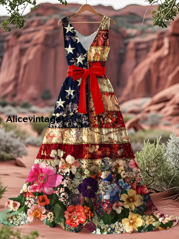 Vintage American Flag Floral Print V-Neck Sleeveless Cotton Maxi Dress A / S