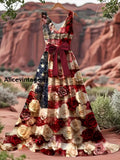 Vintage American Flag Floral Print V-Neck Sleeveless Cotton Maxi Dress A / S