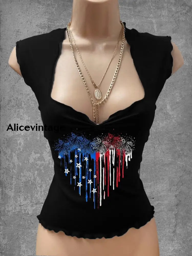 Vintage American Flag Heart Art Print V-Neck Casual Top A / S