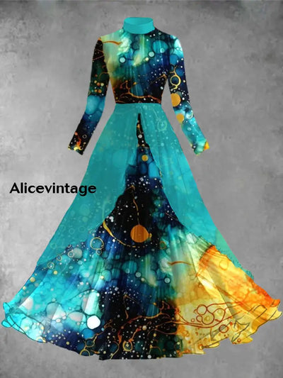 Vintage Art Print Elegant Chic Long Sleeve Midi Dress A / S