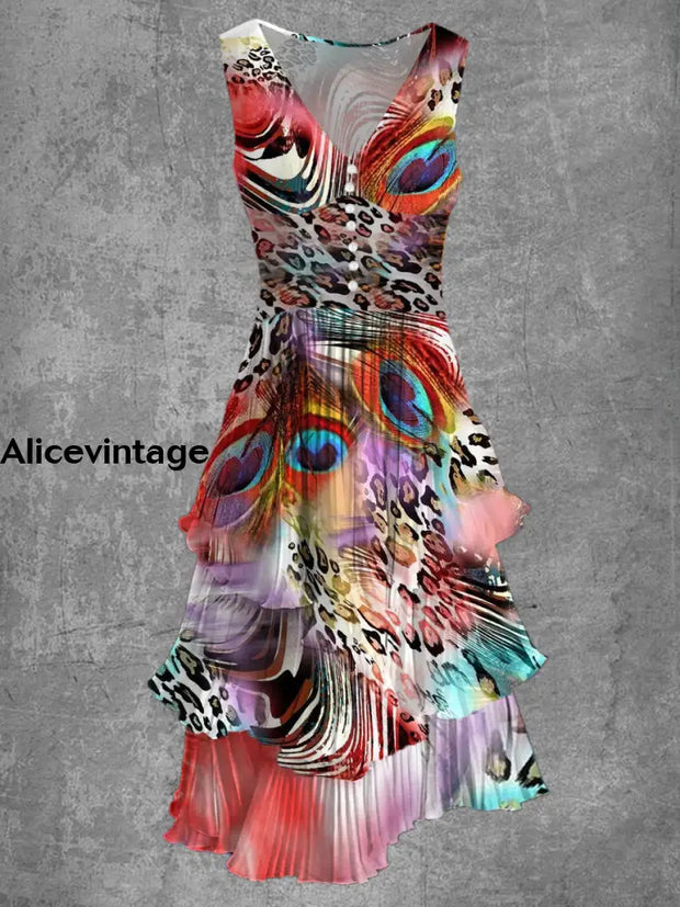 Vintage Art Print Sleeveless V Neck Button Elegant Chic Flowing Midi Dress A / S