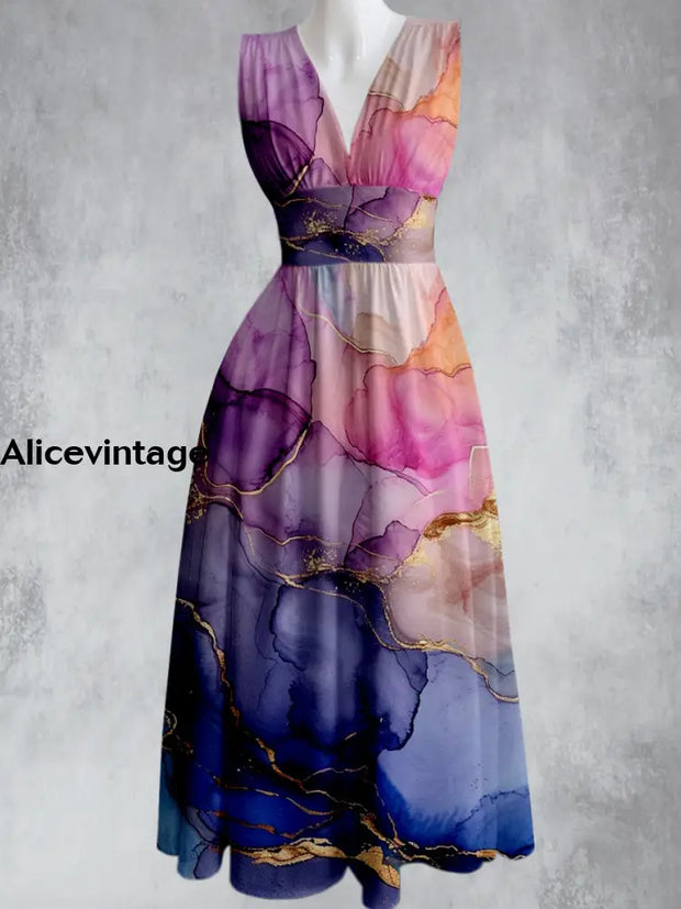 Vintage Art Print V-Neck 50’S Elegant Chic Sleeveless Maxi Dress A / S