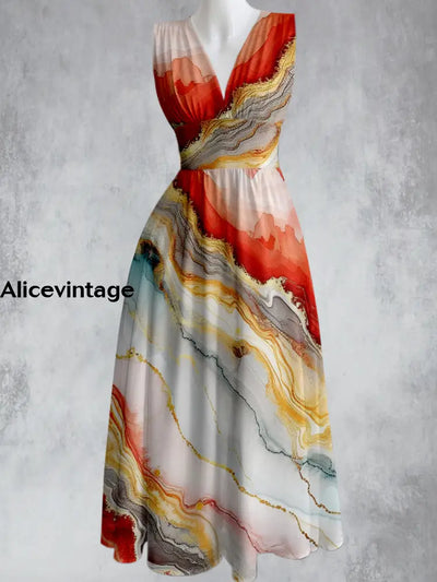 Vintage Art Print V-Neck 50’S Elegant Chic Sleeveless Maxi Dress A / S