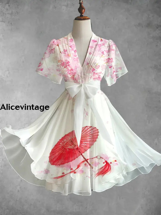 Vintage Art Print V Neck Elegant Chic Short Sleeve Flowy Midi Dress A / S