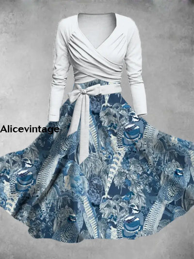 Vintage Art Print V-Neck Long Sleeve Two Piece Midi Dress A / S