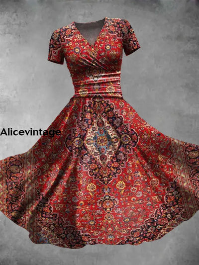 Vintage Art Print V-Neck Short Sleeve Midi Dress S