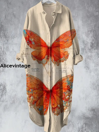 Vintage Aurantia Butterfly Printed V-Neck Lapel Button Loose Midi Shirt Dress A / S