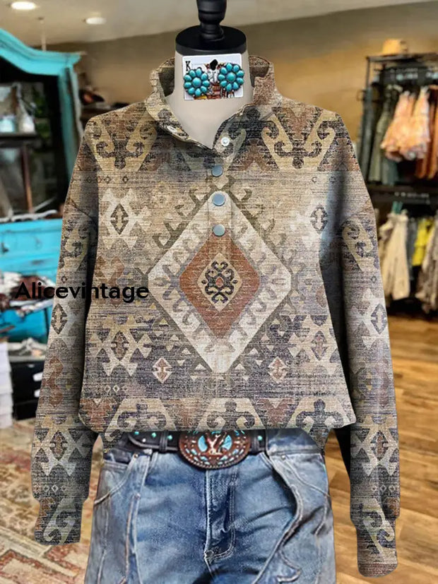 Vintage Aztec Art Print Design Long Sleeve Casual Sweatshirt A / S