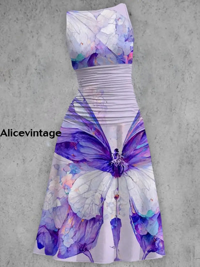 Vintage Blueviolet Butterfly Print V-Neck Sleeveless Midi Dress A / S