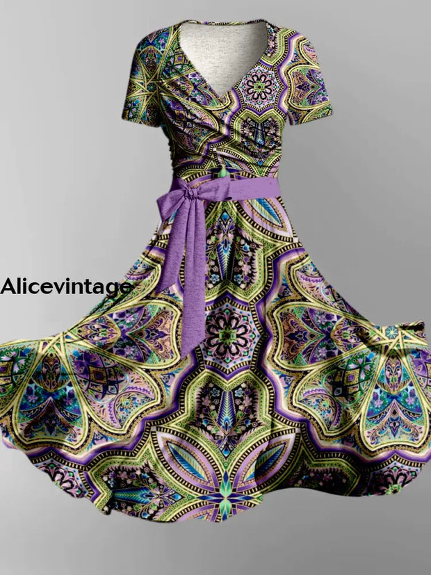 Vintage Bohemian Art Print Short Sleeve Two-Piece Midi Dress A / S