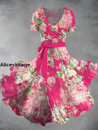 Vintage Bohemian Floral Art Print Cross Fold Short Sleeve Two-Piece Midi Dress A / S