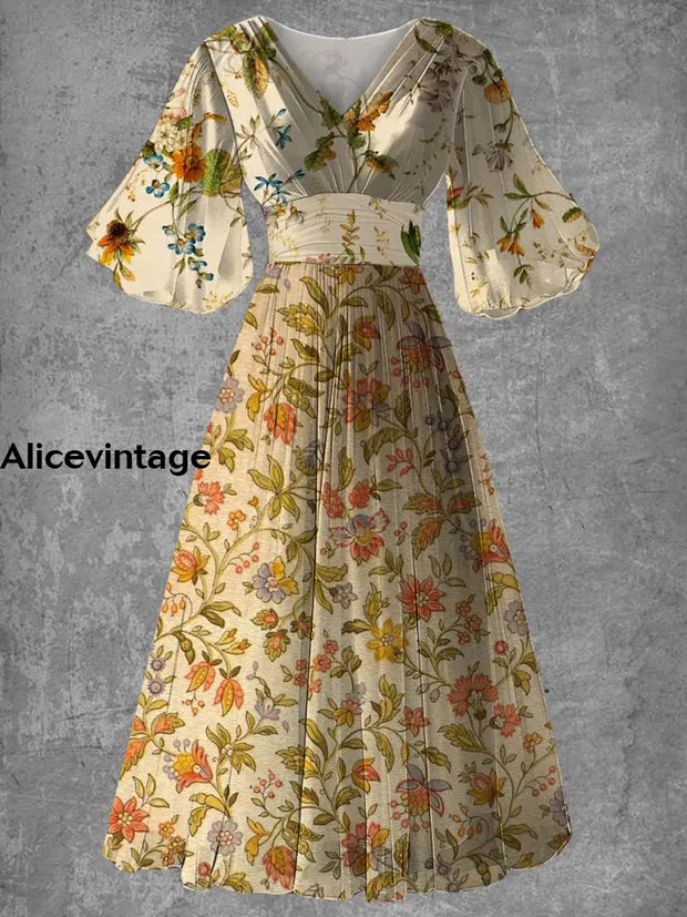 Vintage Bohemian Floral Print Elegant V-Neck Chic Short Sleeve Long Dress A / S