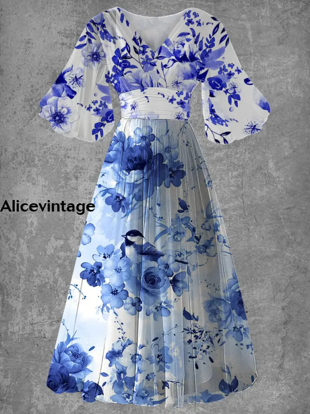 Vintage Bohemian Floral Print Elegant V-Neck Chic Short Sleeve Long Dress A / S