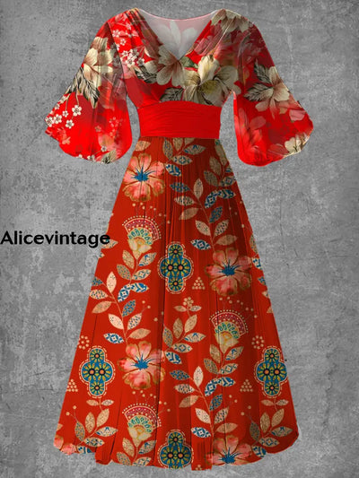 Vintage Bohemian Floral Print Elegant V-Neck Chic Short Sleeve Long Dress A / S