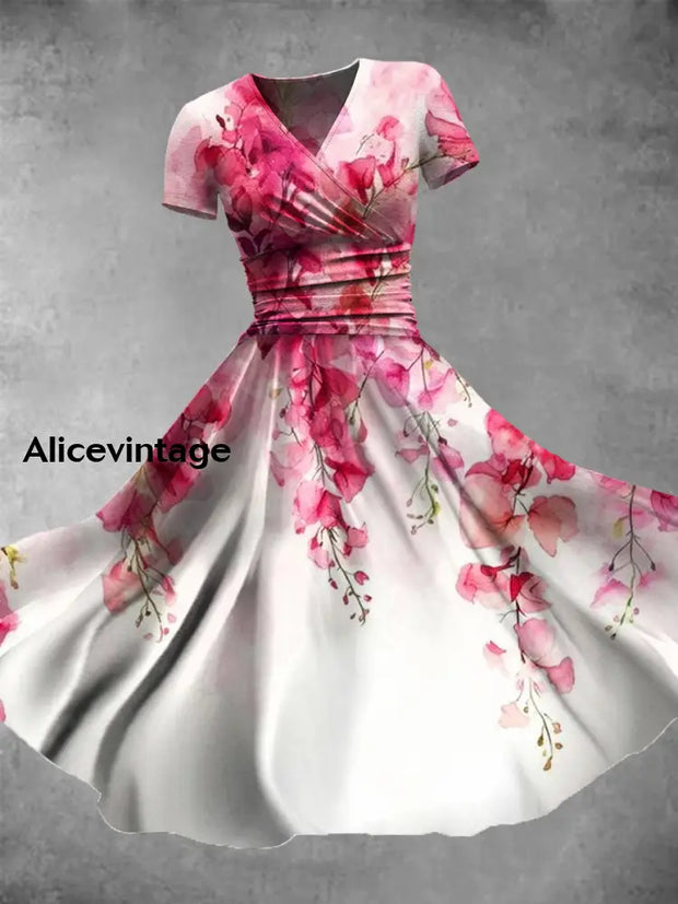 Vintage Bohemian Floral Print V Neck Elegant Chic Loose Short Sleeve Midi Dress A / S