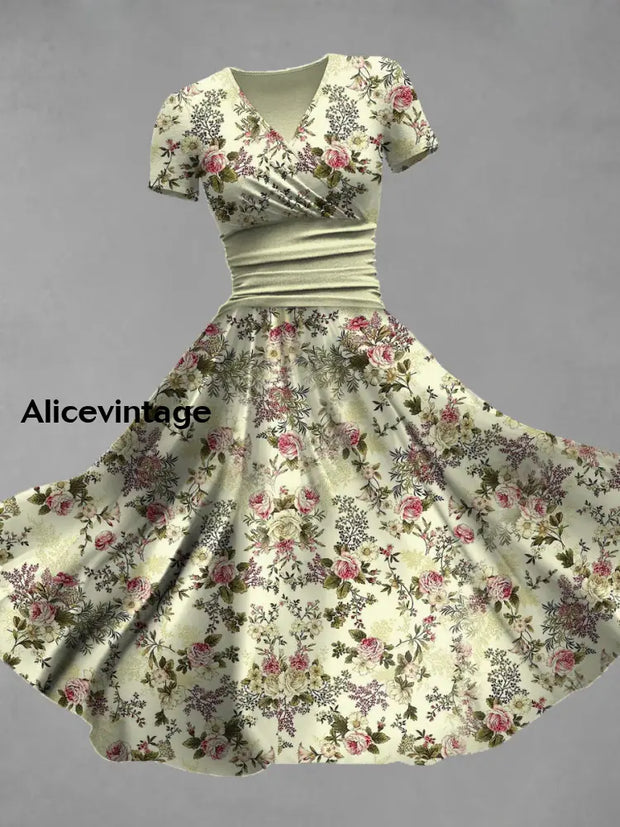 Floral Print V-Neck Vintage Chic Short Sleeve Midi Dress