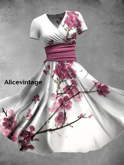 Vintage Bohemian Floral Print V Neck Elegant Chic Loose Short Sleeve Midi Dress A / S