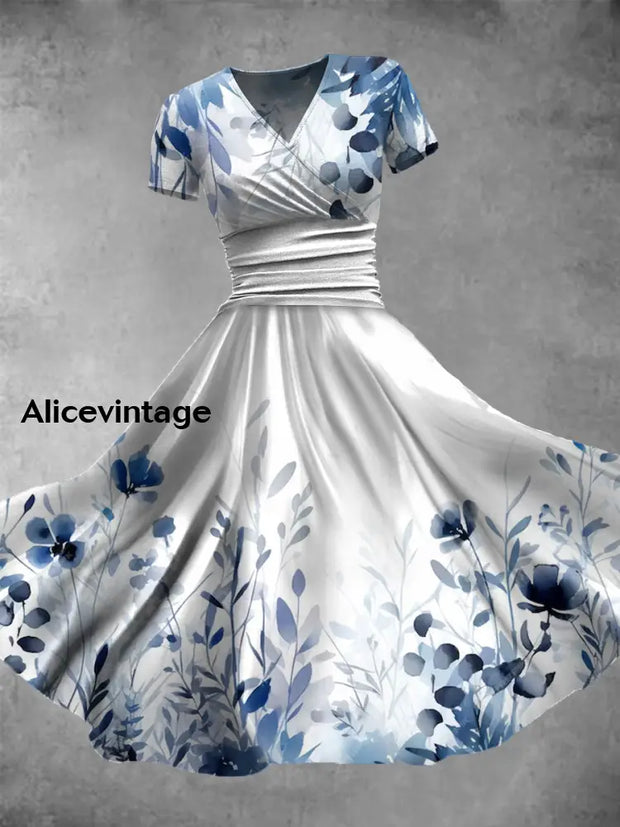 Vintage Bohemian Floral Print V Neck Elegant Chic Loose Short Sleeve Midi Dress A / S