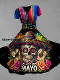 Vintage Bohemian Mexican Floral Print V Neck Elegant Chic Loose Short Sleeve Midi Dress A / S