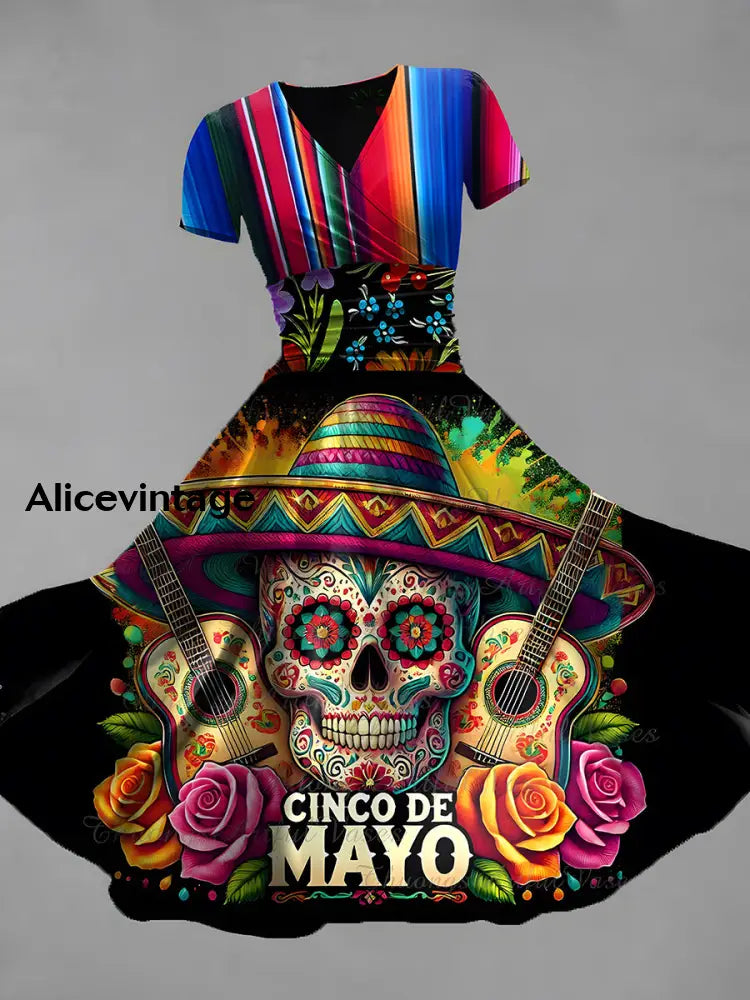 Vintage Bohemian Mexican Floral Print V Neck Elegant Chic Loose Short Sleeve Midi Dress A / S