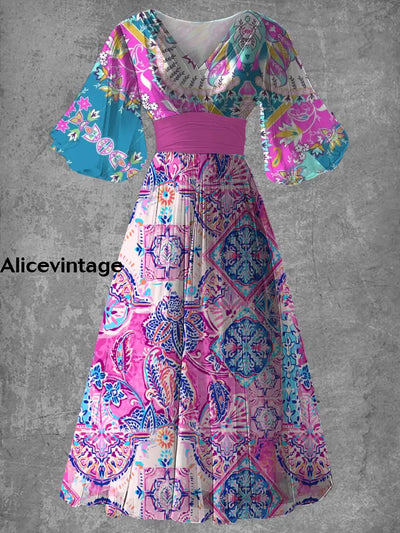 Vintage Bohemian Pelisse Print Elegant V-Neck Chic Short Sleeve Long Dress A / S