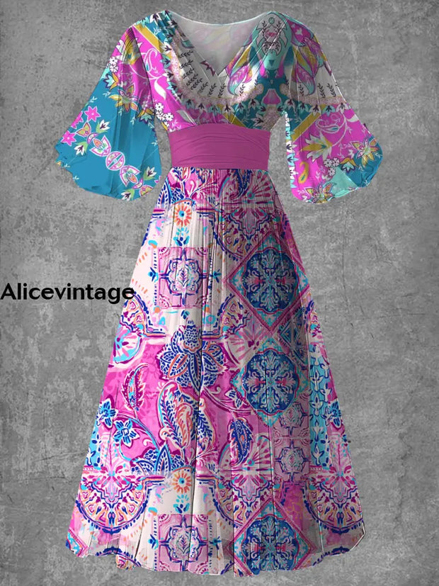 Vintage Bohemian Pelisse Print Elegant V-Neck Chic Short Sleeve Long Dress A / S