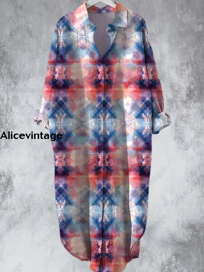 Vintage Bohemian Plaid Printed V-Neck Lapel Button Loose Midi Shirt Dress A / S