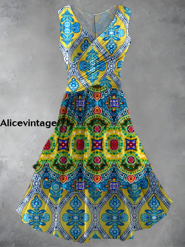 Vintage Bohemian Print 50S Elegant Chic Sleeveless Midi Dress A / S