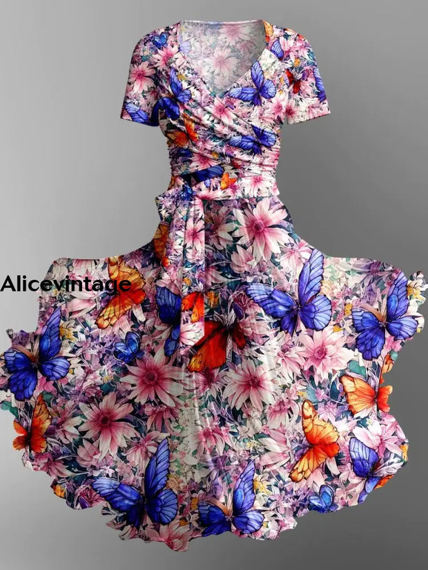 Vintage Butterfly Art Print Cross Fold Short Sleeve Two Piece Midi Dress A / S