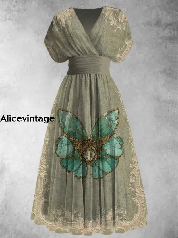 Vintage Butterfly Art Print Elegant V-Neck Chic Short Sleeve Maxi Dress A / S