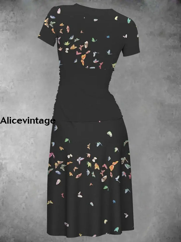 Vintage Butterfly Art Print Short Sleeve Black Midi Dress