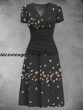 Vintage Butterfly Art Print Short Sleeve Black Midi Dress Color / S
