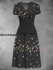 Vintage Butterfly Art Print Short Sleeve Black Midi Dress Color / S