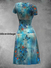 Vintage Butterfly Art Print Short Sleeve V Neck Midi Dress