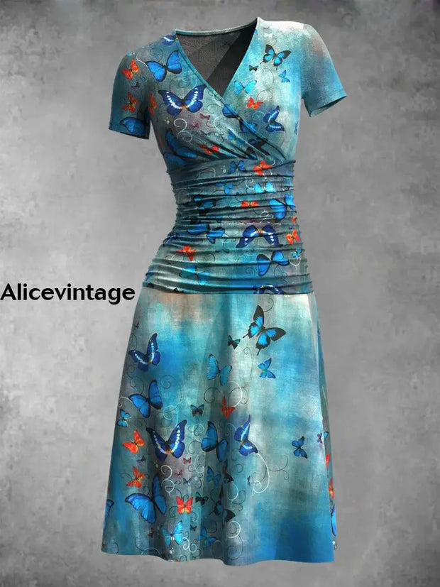 Vintage Butterfly Art Print Short Sleeve V Neck Midi Dress Color / S