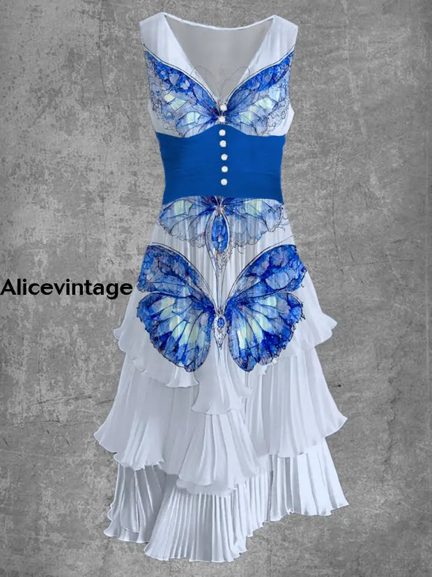 Vintage Butterfly Art Print Sleeveless V Neck Button Elegant Chic Flowing Cake Midi Dress A / M