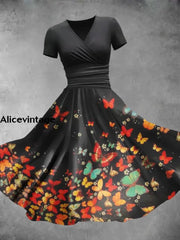 Vintage Butterfly Art Print V Neck Casual Fashion Short Sleeve Midi Dress