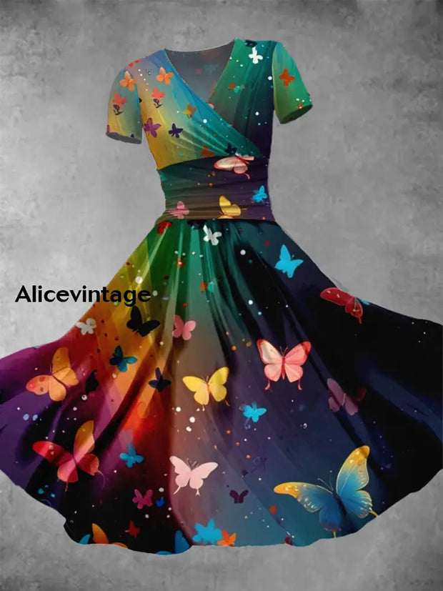 Vintage Butterfly Art Print V Neck Midi Dress A / S