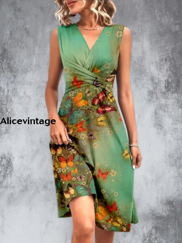 Vintage Butterfly Print V-Neck Sleeveless Midi Dress A / S