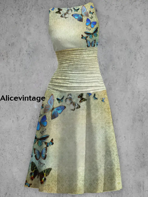 Vintage Butterfly Print V-Neck Sleeveless Retro Midi Dress A / S