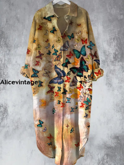 Vintage Butterfly Printed V-Neck Lapel Button Loose Midi Shirt Dress A / S