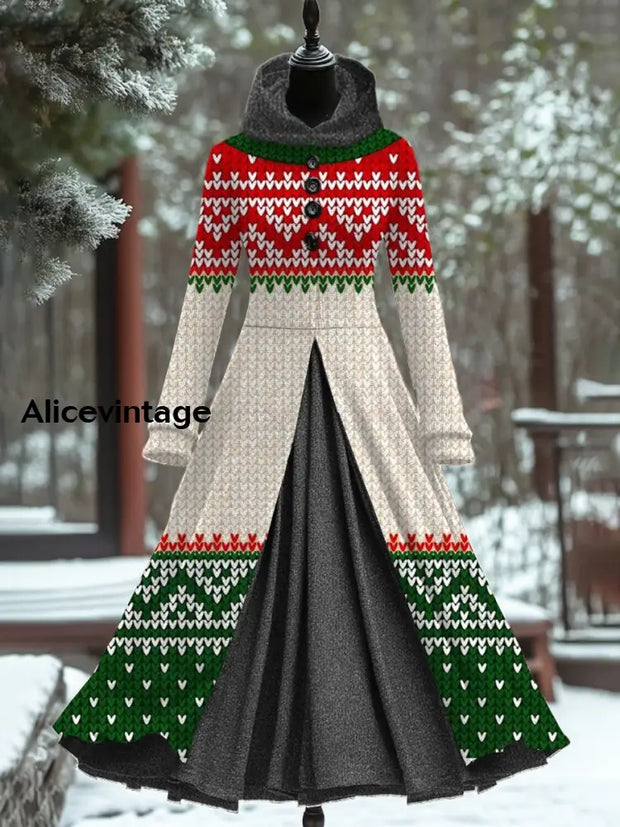 Vintage Christmas Art Print Hooded Splicing Long Sleeve 50S Elegant Fitted Fake Two Piece Midi