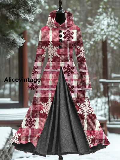 Vintage Christmas Art Print Hooded Splicing Long Sleeve 50S Elegant Fitted Fake Two Piece Midi