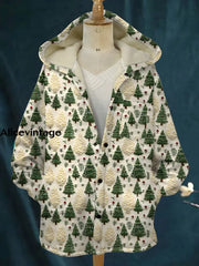 Vintage Christmas Art Print Plush Thick Long Sleeve Hooded Coat