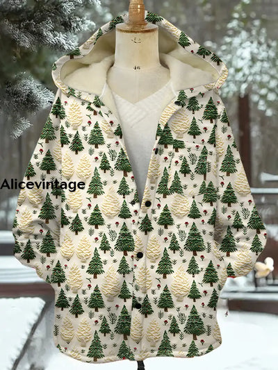 Vintage Christmas Art Print Plush Thick Long Sleeve Hooded Coat A / S