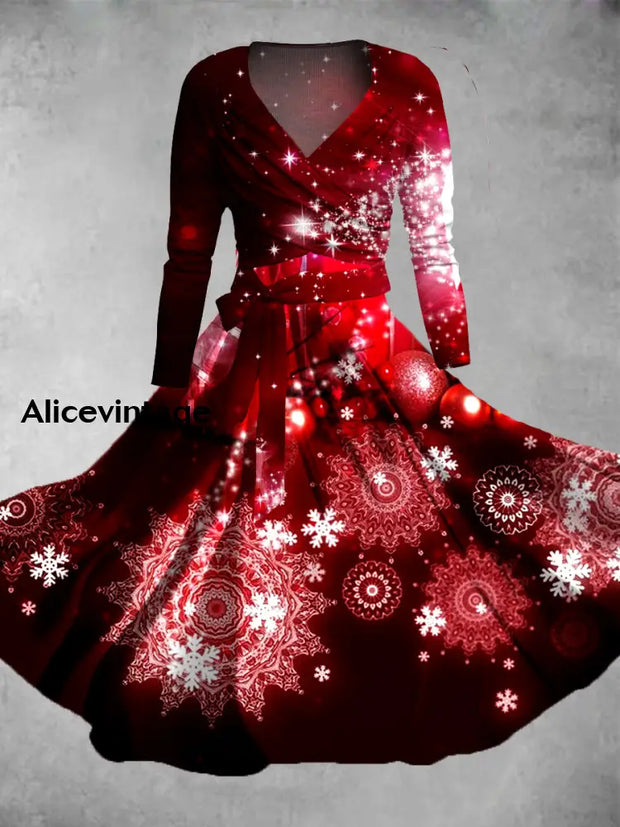 Vintage Christmas Art Print Retro Cross Fold Long Sleeve Two Piece Midi Dress A / S