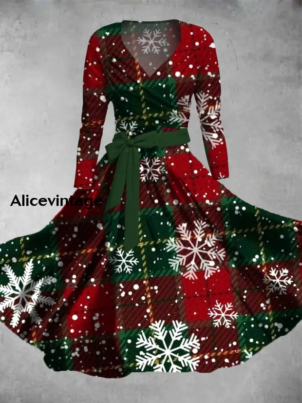 Vintage Christmas Art Print Retro Cross Fold Long Sleeve Two-Piece Midi Dress A / S